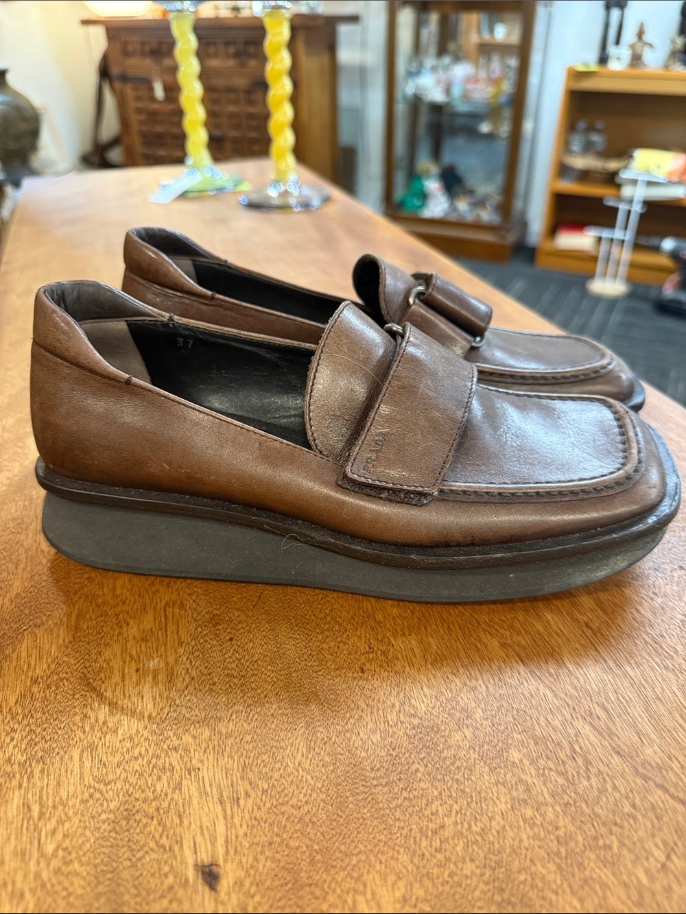 Prada Brown Leather Square-Toe Slip-On Loafers - Picture 4 of 8